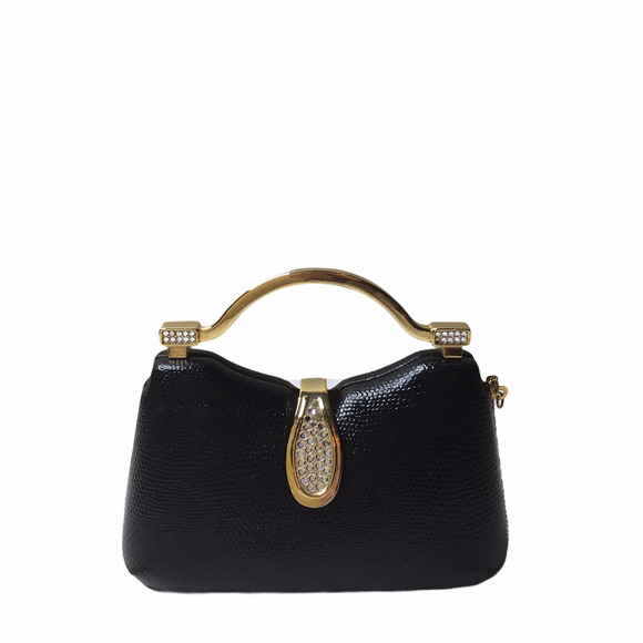 Black Evening Bag Gold Tone Rhinestone Accents - Picture 4 of 6